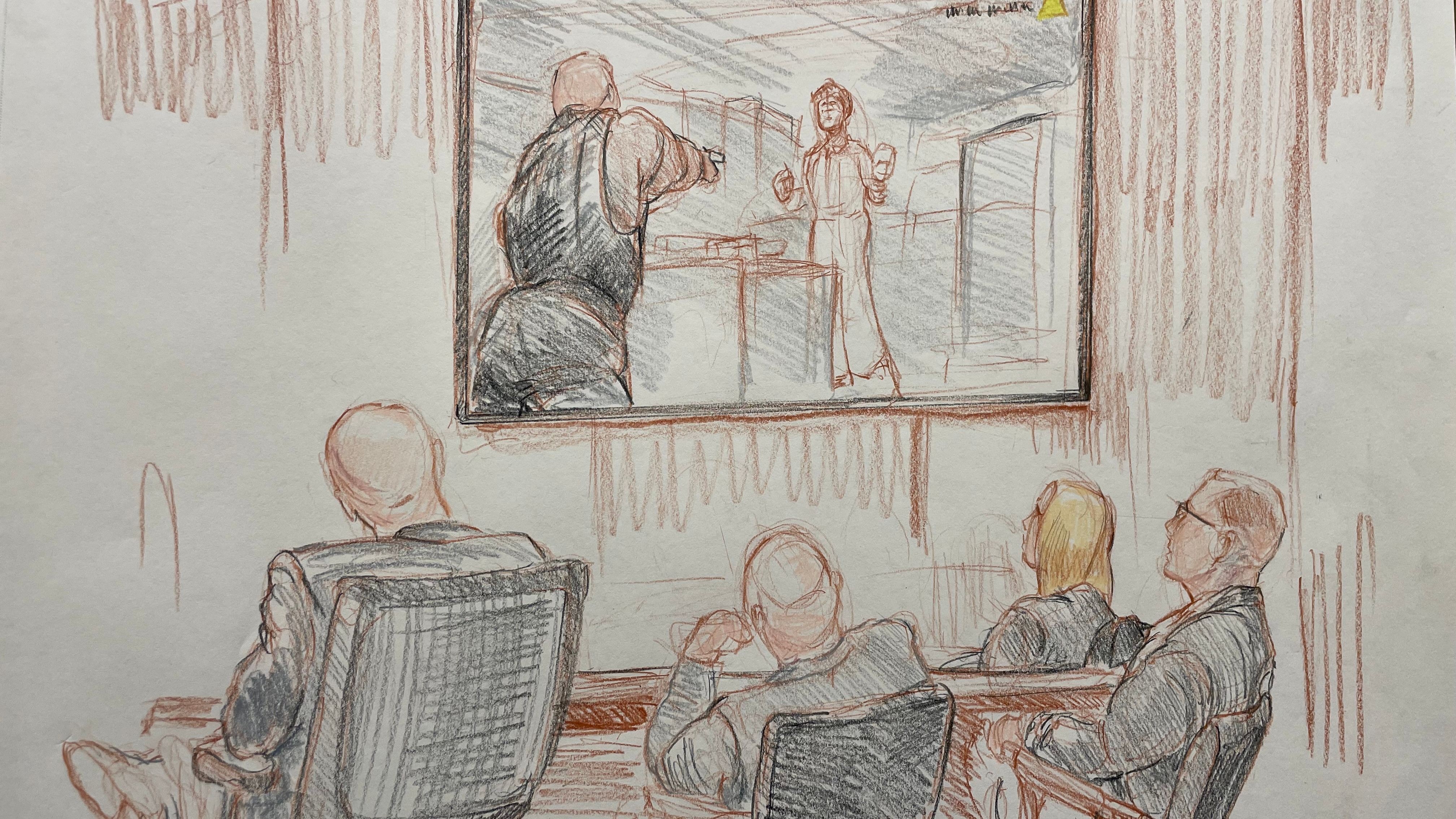 Courtroom sketch referencing body camera footage