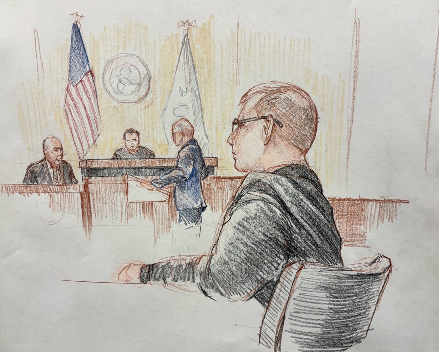 Courtroom sketch of Kevin Davis testifying